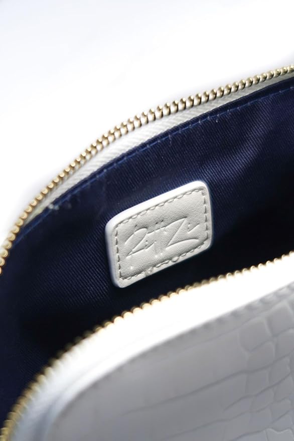 RITTZI Snow Royale Crocodile Cosmetic Bag - Luxury White Vegan Leather Makeup Bag With Royal Blue Interior Lining
