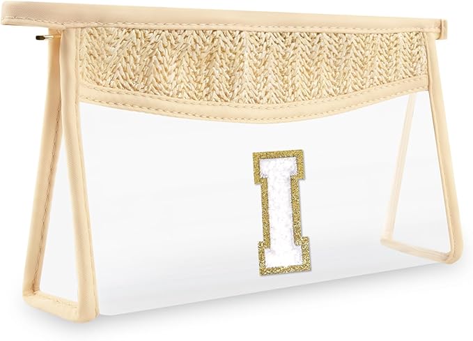 UIXIZQ Personalized Initial Letter Bag Boho Straw Clear Makeup Bag,Small Cute Chenille Varsity Letter Pouch With Zipper,Beach Travel Toiletry,Portable Monogrammed Cosmetic Bag for Women Girls,I