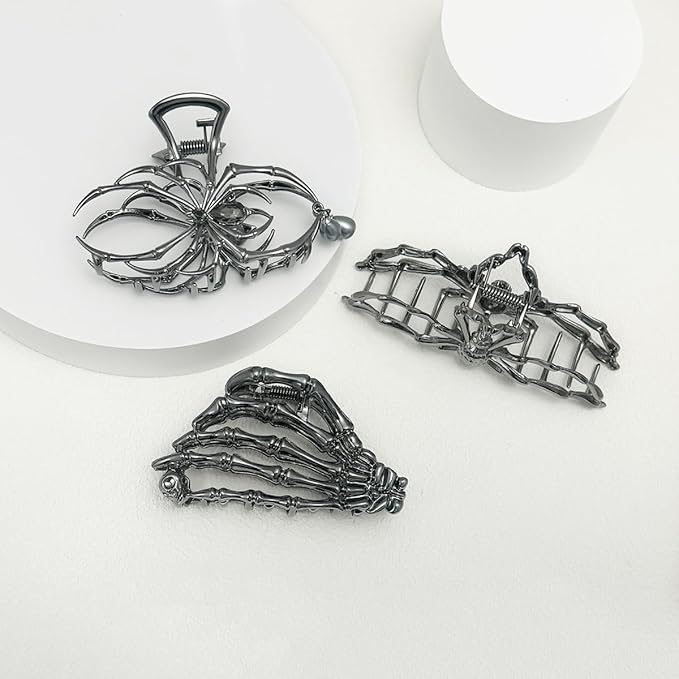Parcce 3 Pieces Large Metal Spider Net Hand Hair Claw Clips for Women and Girls Thick Long Hair, Nonslip Skeleton Spooky Barrette Headband Hair Styling Accessories for Halloween