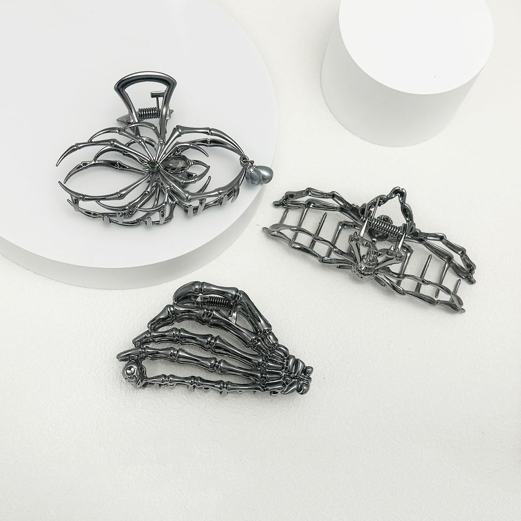 Parcce 3 Pieces Large Metal Spider Net Hand Hair Claw Clips for Women and Girls Thick Long Hair, Nonslip Skeleton Spooky Barrette Headband Hair Styling Accessories for Halloween