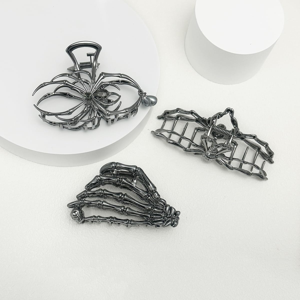 Parcce 3 Pieces Large Metal Spider Net Hand Hair Claw Clips for Women and Girls Thick Long Hair, Nonslip Skeleton Spooky Barrette Headband Hair Styling Accessories for Halloween