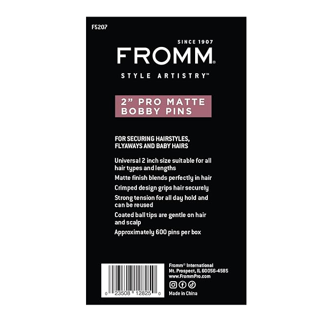 Fromm 2" Matte Black Bobby Pins, Crimped Non-Slip Hair Pins with Strong Hold & Ball Tips, All-Day Secure Styling for Updos, Flyaways & Baby Hairs, Hair Accessories for Women, All Hair Types, 600-Pack