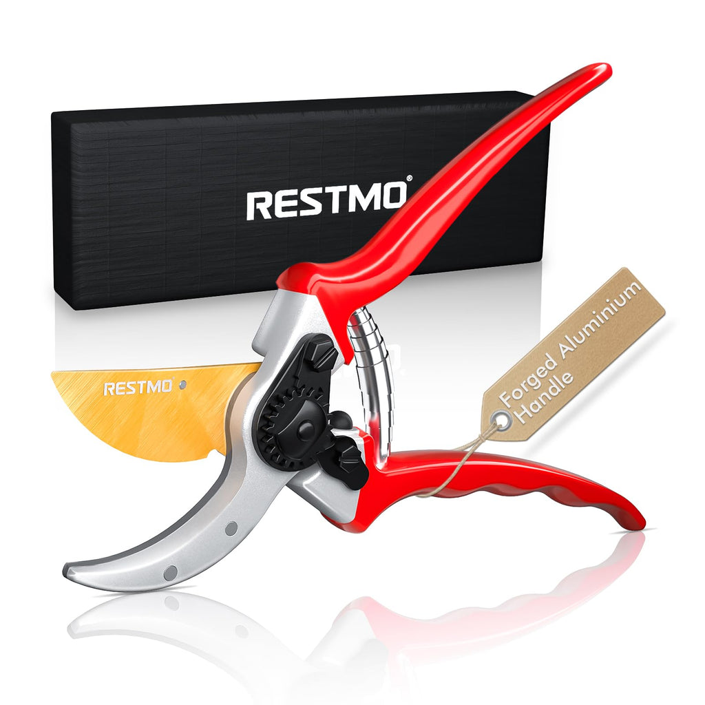 RESTMO Pruning Shears, 8.6 Inch, Titanium Blade, Bypass, Red
