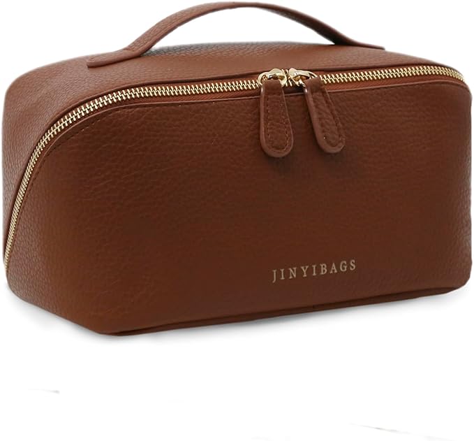 JINYIBAGS Travel Makeup Bag – Large Cosmetic Organizer with Waterproof PU Leather, Smooth Double Zipper & Tear-Resistant Lining, Toiletry Pouch for Women (Brown)