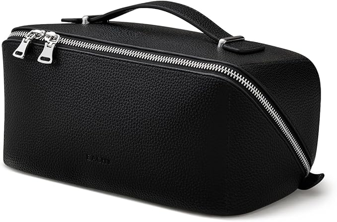 EACHY Travel Makeup Bag, Lychee Leather Large Capacity Cosmetic Bag for Women, Open Flat Toiletry Bag with TPU Brush Compartment, Waterproof Skincare Organizer Travel Essentials