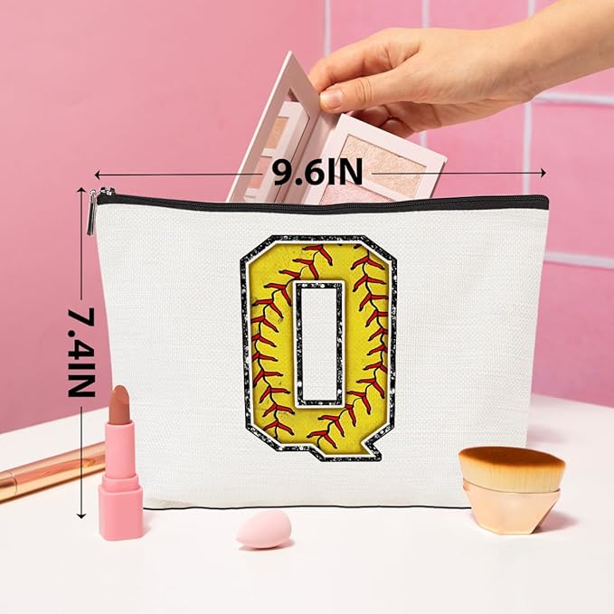Softball Gifts Initial Q Makeup Bag Softball Gifts for Team Cosmetic Bag