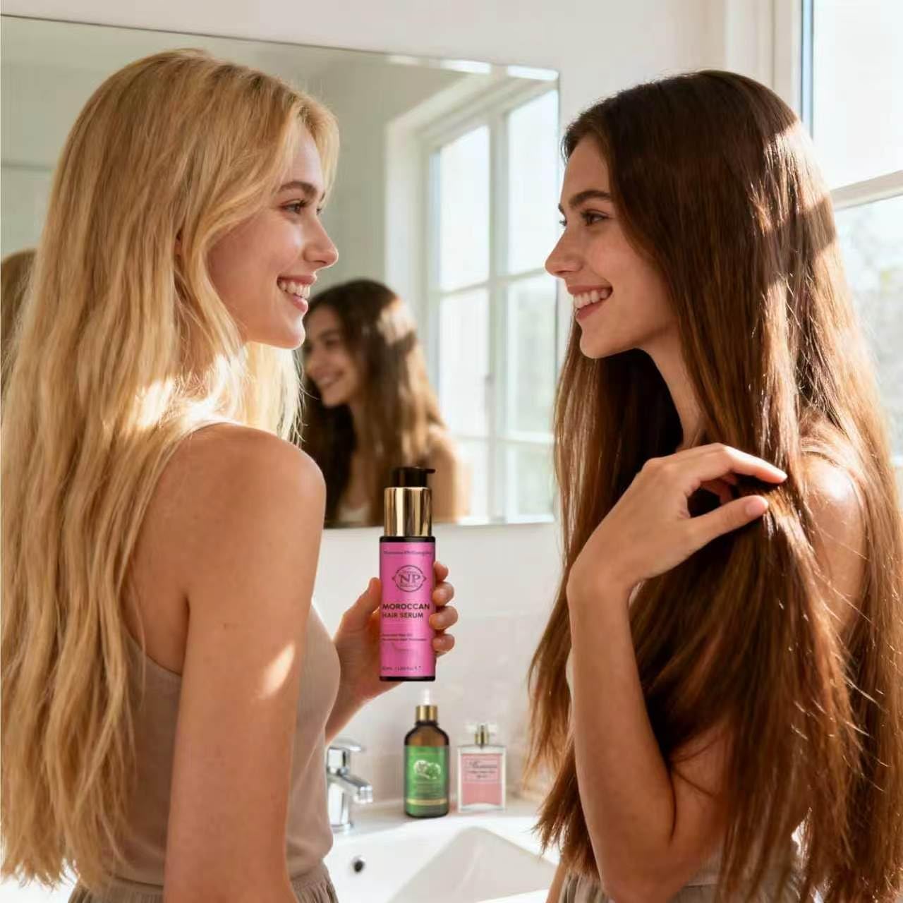 NP NATURES PHILOSOPHY Moroccan Argan Hair Oil, Leave In Hair Serum Anti Frizz Heat Protectant Oil for Curly Color Treated Damaged Hair, Vegan Split End Repair Hair Finishing Oil 1.69 Fl oz