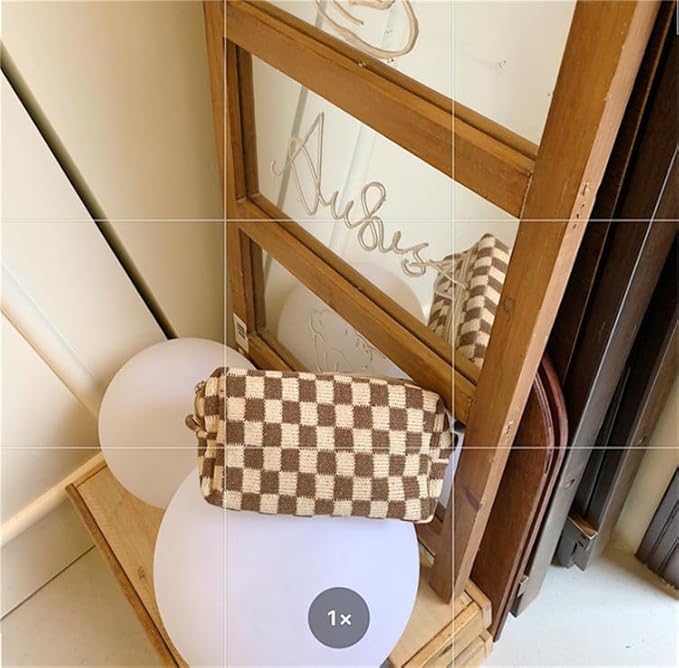 Checkered Makeup Bag for Purse, Small Travel Cosmetic Pouch,Coffee,2 Pack