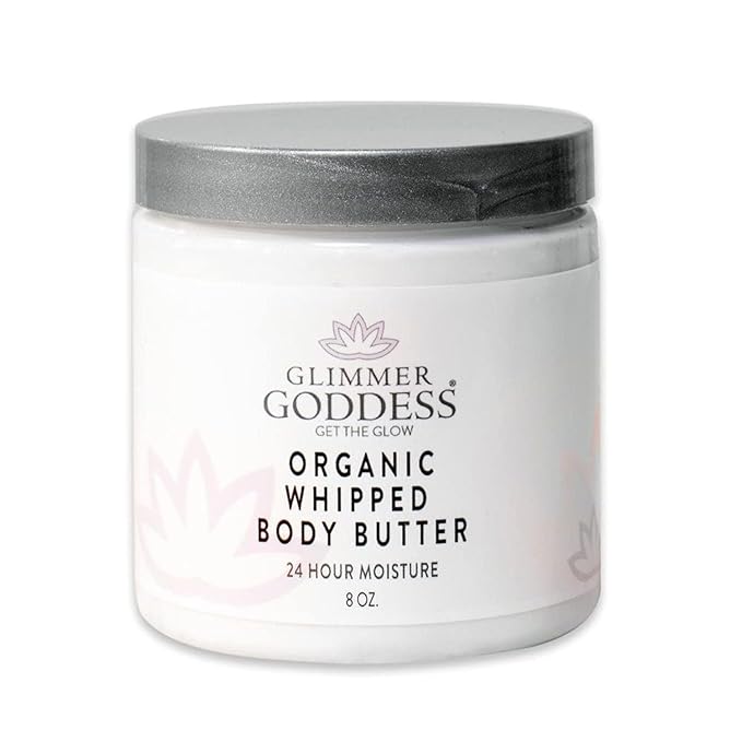 Glimmer Goddess Organic Whipped Body Butter for Women - Moisturizer Cream with Shea & Cocoa Butter, Almonds & Coconut Oil - Salted Caramel, 8oz