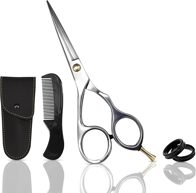 Ontaki Beard & Mustache Scissors & Combs for Men - 5.5" Silver, Right Hand