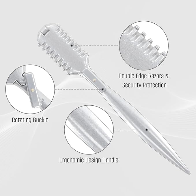 FEISIER Aluminum Double-Edge Hair Thinning Razor Comb with 10pcs Blades,Hair Texturizing Cutting Razor Comb for Thin and Thick Hair Trimming and Styling