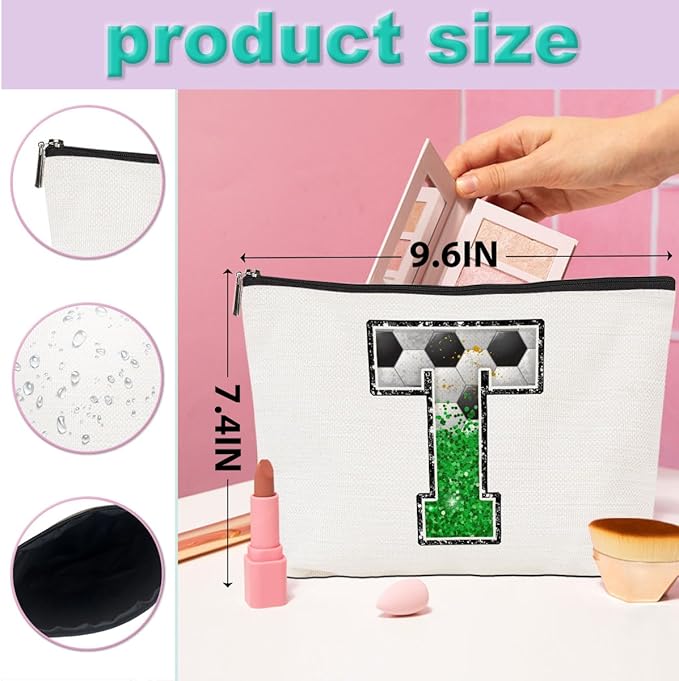 CQM Soccer Gifts Initial Makeup Bag Soccer Girl Gifts Cosmetic Bag Letter T