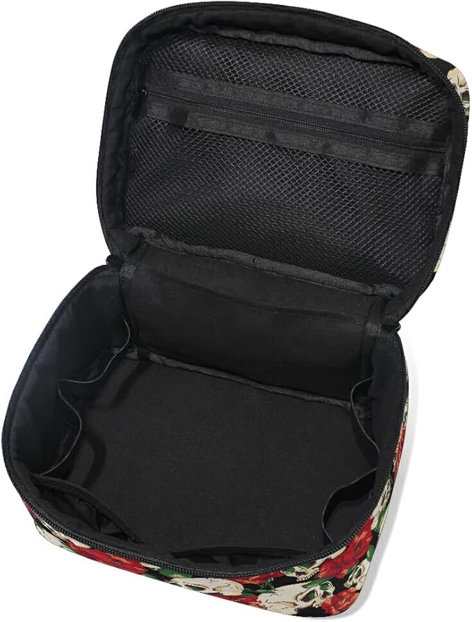MNSRUU Skull Goth Makeup Bag, Gothic Skull and Flower Travel Makeup Organizer Bags Toiletry Bag Box Travel Cosmetic Bag Make Up Train Case for Women Teen Girl Ladies