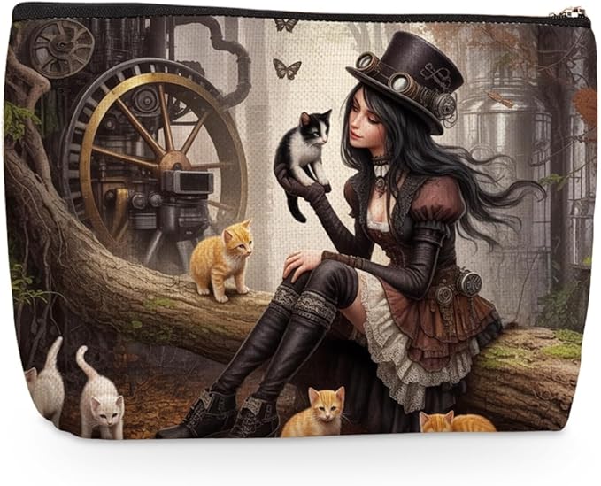 Steampunk Makeup Bag, Cat Lover Travel Makeup Case Cosmetic Bags for Women