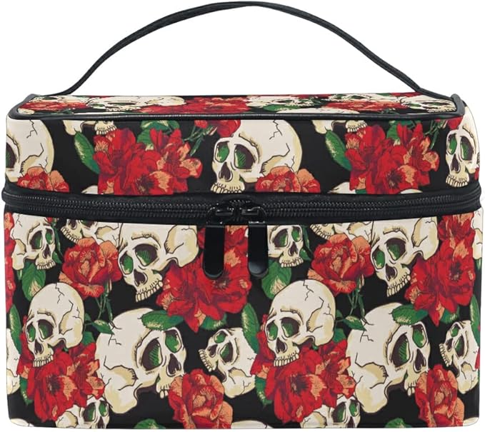 MNSRUU Skull Goth Makeup Bag, Gothic Skull and Flower Travel Makeup Organizer Bags Toiletry Bag Box Travel Cosmetic Bag Make Up Train Case for Women Teen Girl Ladies