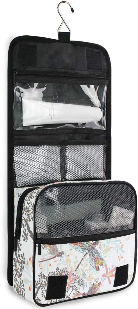 senya Hanging Travel Toiletry Bag Hippo Swimming Kit Makeup Case Cosmetics Organizer for Men Women (Flowers And Dragonfly)