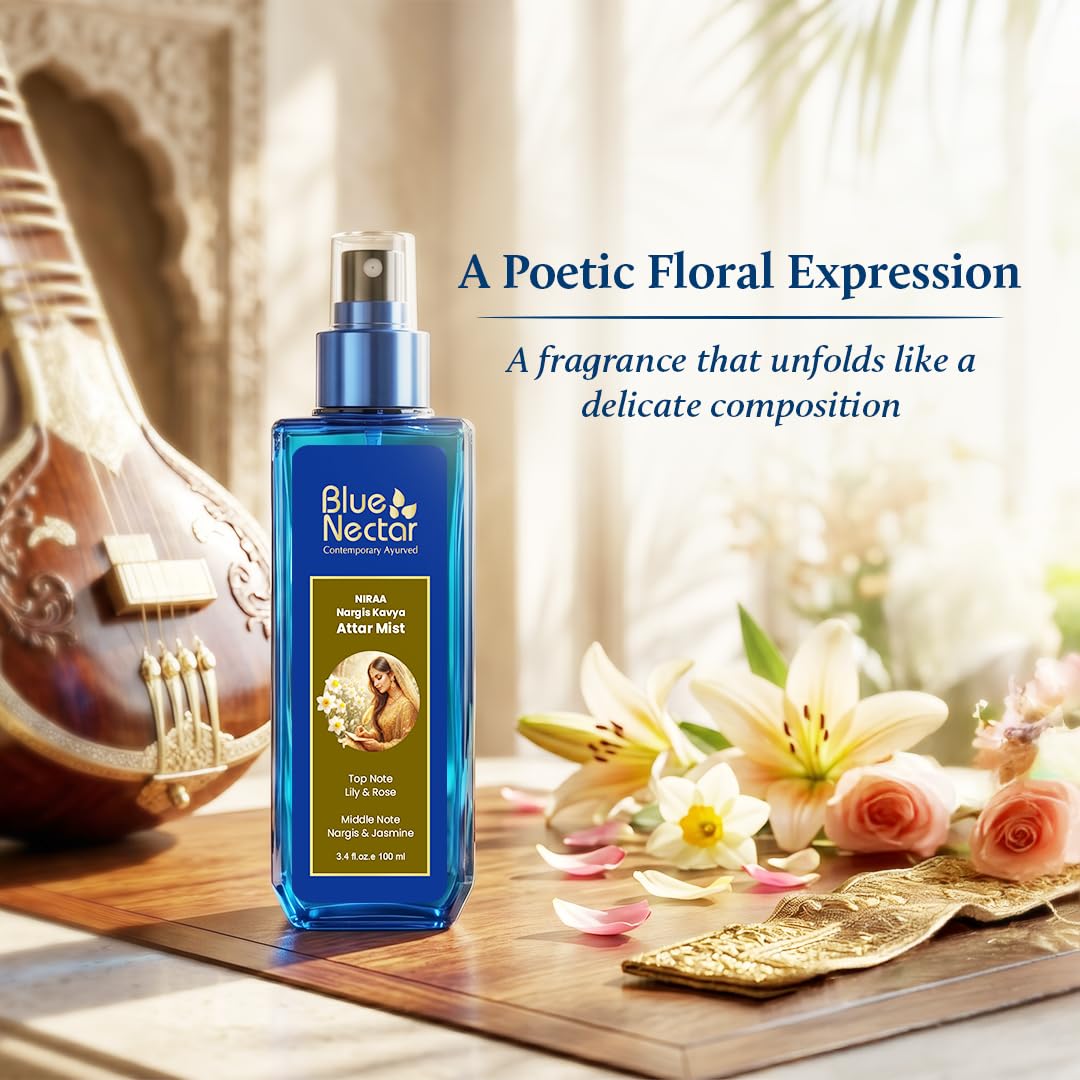 Blue Nectar Niraa Nargis Kavya Attar Mist | Perfume Mist for Women & Men | Long-Lasting Nargis Attar with Lily, Rose & Jasmine | Floral Body Mist Spray | Travel-Friendly (3.38 Fl Oz)