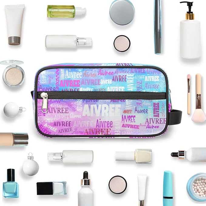 Custom Women Cosmetic Travel Toiletry Bag Painted Blue Pink Watercolor
