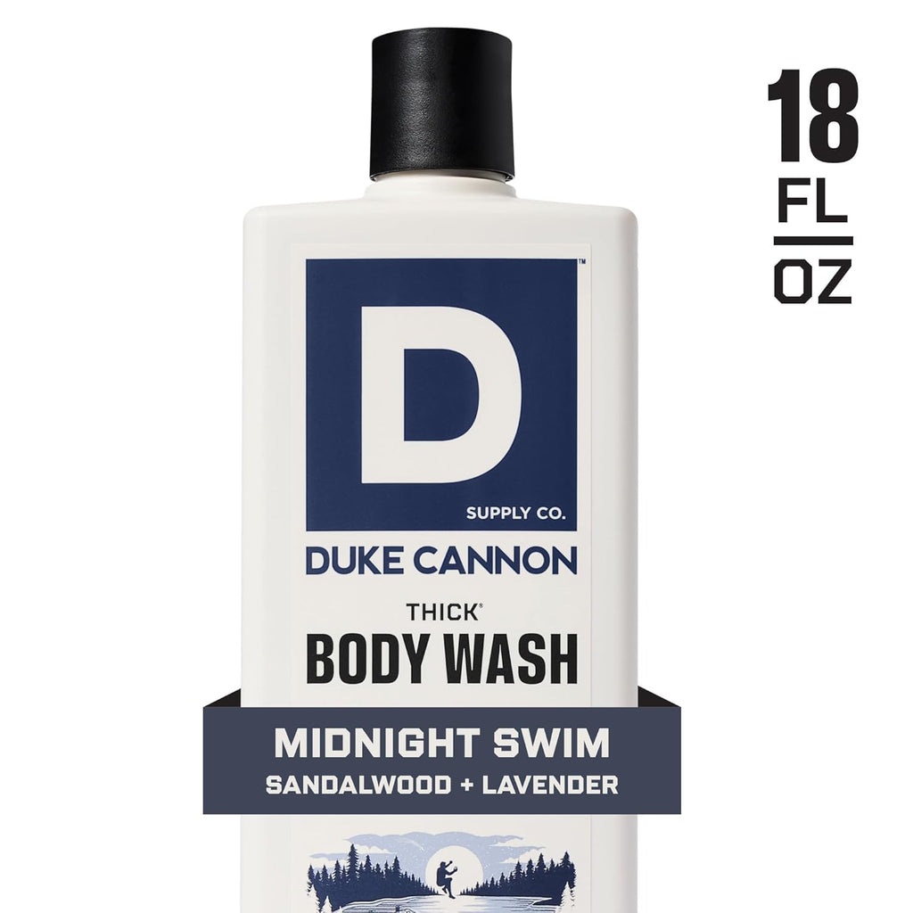 Duke Cannon Supply Co. Thick High Viscosity Body Wash - 3X Thicker, Cleansing Shower and Bath Gel, Mineral-Enriched Body Wash for Men - Sandalwood + Lavender - Mens Body Scrub - Midnight Swim (18 oz)