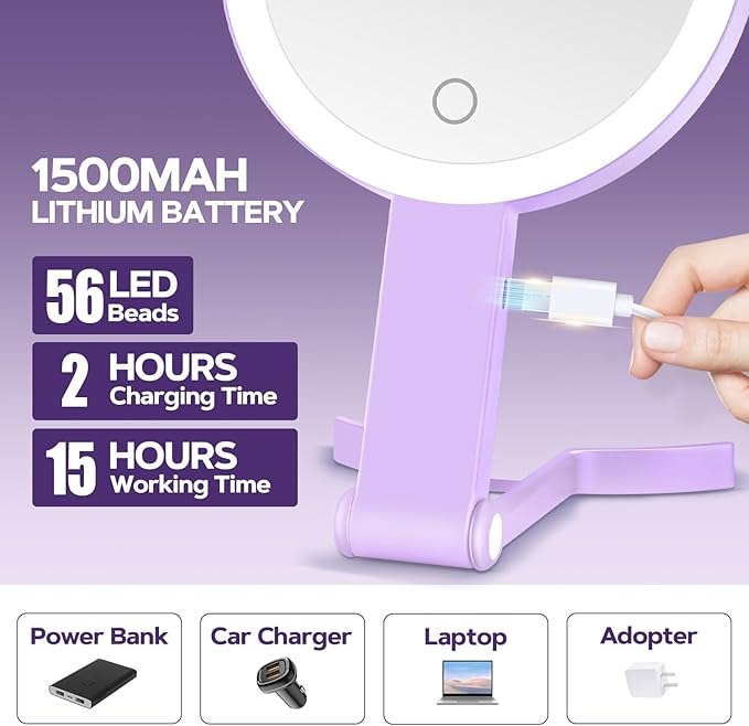 MIYADIVA Lighted Makeup Mirror, 30X Magnifying Mirror with Light, Hanging and Handheld Mirror with Handle, Purple