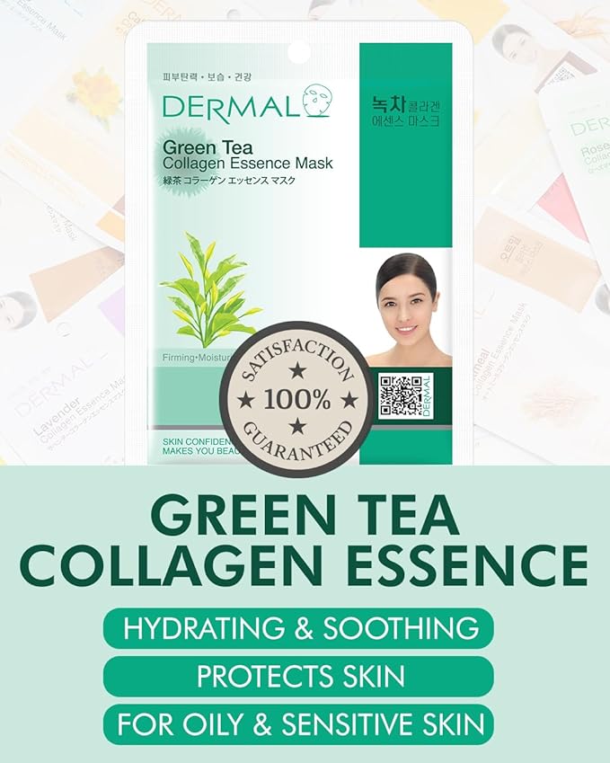 DERMAL Green Tea Collagen Soothing Sheet Mask, Fresh Hydration, 10 Pack
