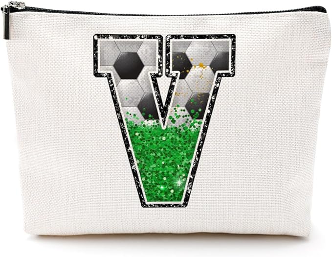 CQM Soccer Gifts Initial Makeup Bag Soccer Girl Gifts Cosmetic Bag Letter V