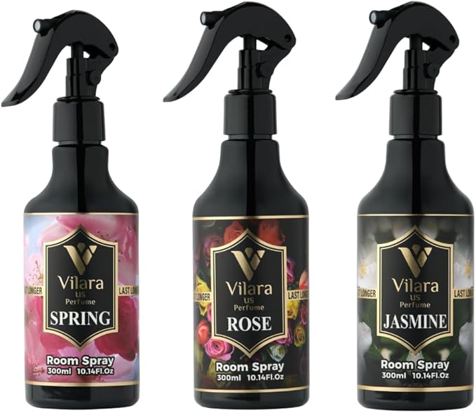 Vilara US Perfume Room Spray Freshener - Long-Lasting Luxury Scents - Room and Linen Spray for Bedding, Sheets, Fabric, Furniture for Aromatherapy - 10.14 fl oz (Multipack 3:Spring,Rose,Jasmine)