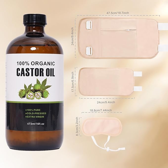 XIKERAY Organic Cold Pressed Unrefined Castor Oil (16oz/473ml), Castor Oil Pack Kit with Organic Cotton Wrap for Waist, Knees, Neck
