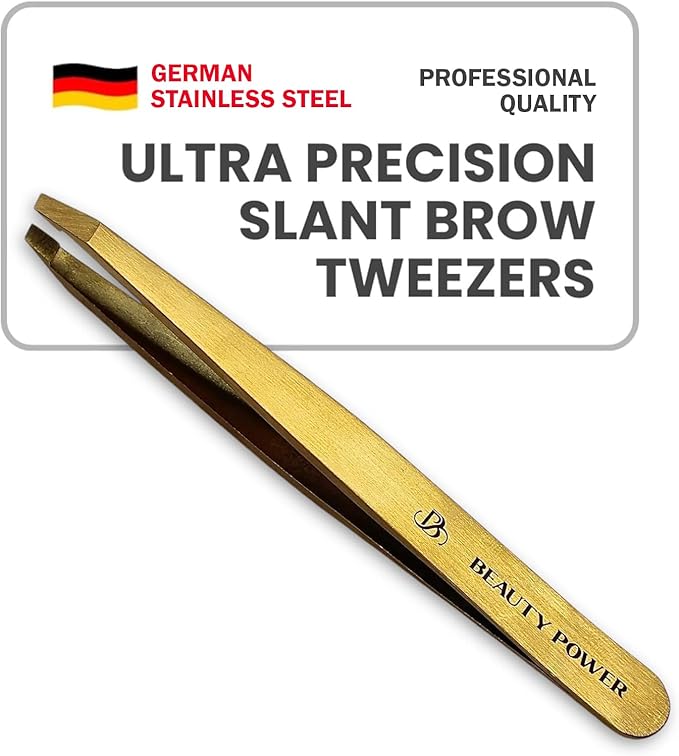 Beauty Power Tweezers for Women Facial Hair: Ultra Precision Tweezers for Women & Men, Sharp Slant Tweezer for Eyebrows, Ingrown Hair Removal. Professional Plucker + Case, German Stainless Steel Gold
