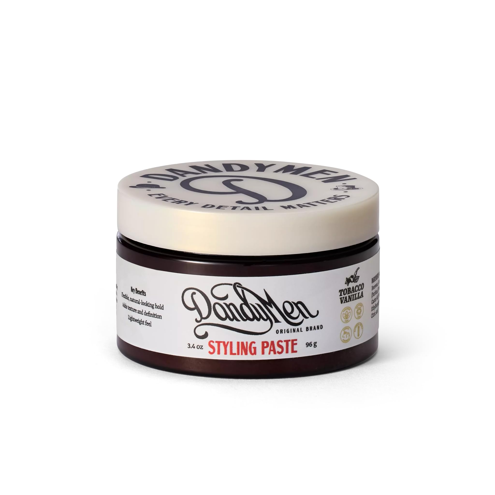 DandyMen Hair Styling Paste for Men | Medium Hold | Flexible Control & Natural Shine | Beeswax with Pro-Vitamin B5 | Tobacco Vanilla Scent | 3.4 oz, 1-Pack