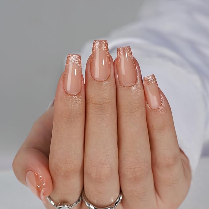 BTArtbox Press On Nails, Gold Dust, Short Coffin, French Glitter, 32Ct