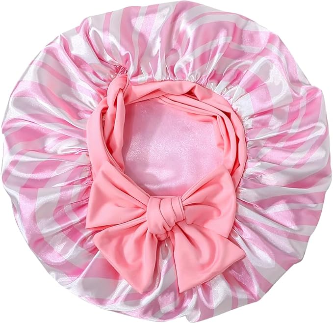 GDTOGRT Satin Silk Bonnet for Sleeping Women, Double Layer Sleep Hair Bonnets Caps for Curly Natural Hair with Tie Band - Pink Stripe