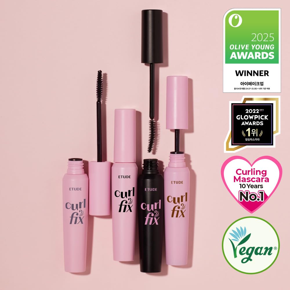 ETUDE Curl Fix Mascara Volume 1+1 Set, Lash Mascara, Strong Curl Up, Long-Lasting, Waterproof, Light-Weight, Korean Makeup, Beauty, Vegan Certified (0.54 Fl Oz)