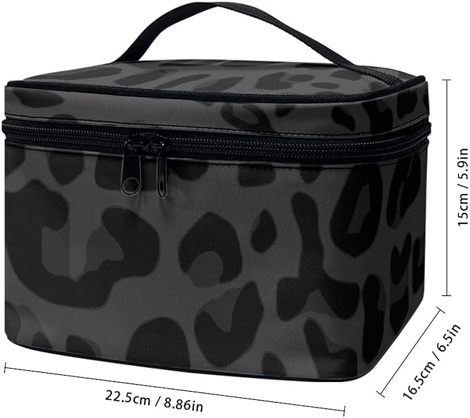 Drydeepin Black Grey Animal Cheetah Leopard Pattern Makeup Bags for Women Large Capacity Travel Organizer Storage Toiletry Pouch with Zipper and Carry Handle Portable Cosmetic Bag