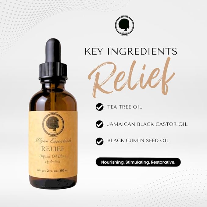 Wynn Essentials Relief Oil, Organic Scalp Treatment, Soothing Formula for Dry, Itchy, Dandruff-Prone Scalp with Almond, Jojoba, Avocado, Tea Tree and Black Castor Oil