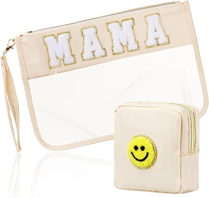 BuyCard 2 Pcs Preppy Patch Clear Mama Bag, Women Chenille Letter Makeup Cosmetic Bag for Travel, PVC Waterproof Organization Outdoor Zipper Pouch Toiletry Bag for Women Girl