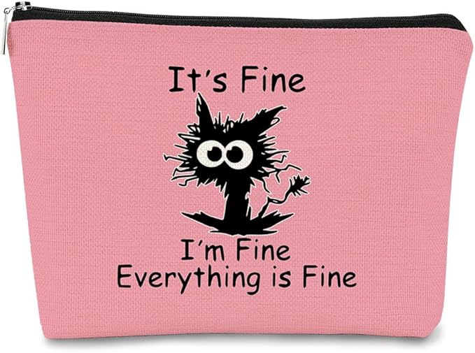 BARPERY Cat Makeup bag It's Fine Everything is Fine Inspirational Funny Cat Kitten,Cosmetic Bag Zipper Travel Toiletry Bag， Gift Idea for Cat Lovers Teen Girls,Cat Owners Gifts,Birthday Gift(Pink)
