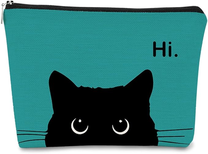 BARPERY Cat Makeup Bag - Cute Cosmetic Pouch for Cat Lovers, Black Kitty Design, Hi Kitty Gift for Women (Bluish Blue, Beige)