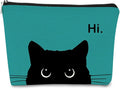 BARPERY Cat Makeup Bag - Cute Cosmetic Pouch for Cat Lovers, Black Kitty Design, Hi Kitty Gift for Women (Bluish Blue, Beige)
