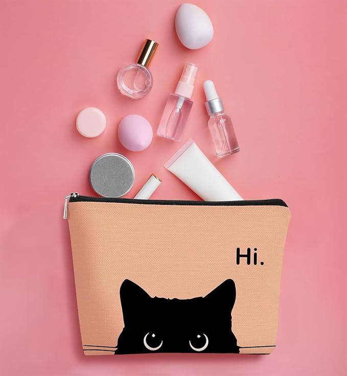 BARPERY Cat Makeup Bag, Cute Makeup Bag, Cat Gifts for Cat Lovers Women, Black Cat Gifts, Hi Black Cat Kitty Cosmetic Bag, Cat Makeup Pouch, Cat Stuff for Cat Lovers (Camel-2)