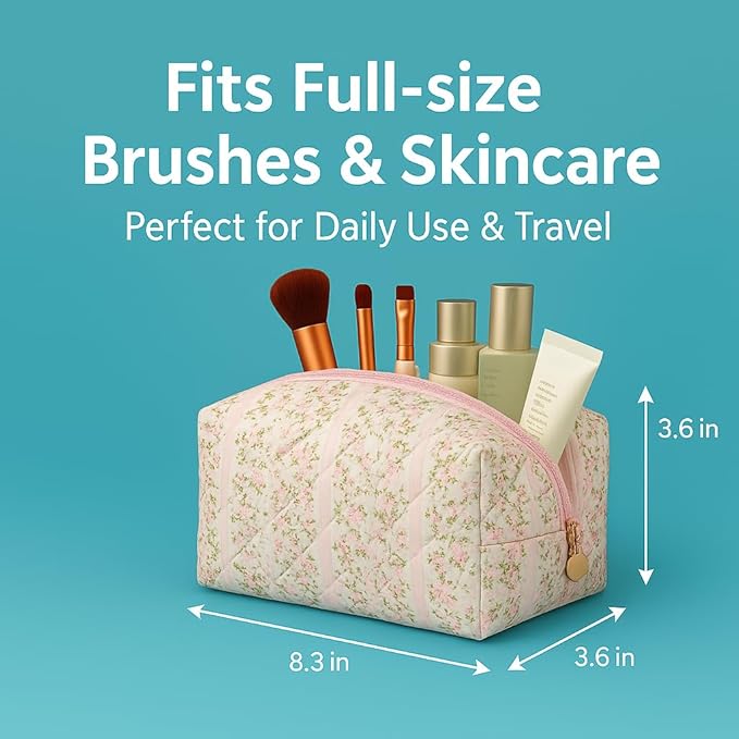 OIMEI Floral Quilted Cotton Makeup Bag for Women, Large Capacity Travel Cosmetic Pouch with Zipper, Cute Toiletry & Brush Organizer, Kawaii Makeup Storage Case – Pink Floral
