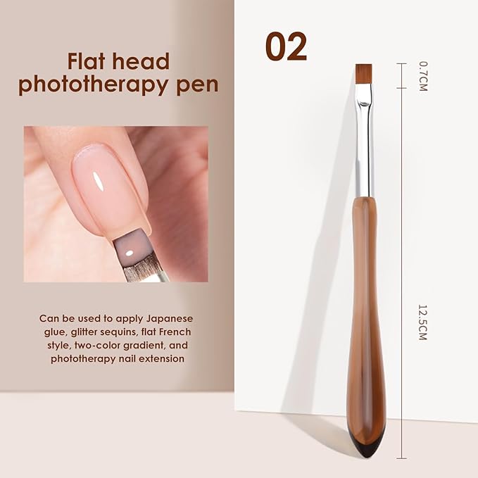 TipTrendz Flat Head Nail Art Brush Phototherapy Pen for Gel Polish, Glitter, French Tips, Two-Tone Gradients, and LED/UV Nail Extensions, 02