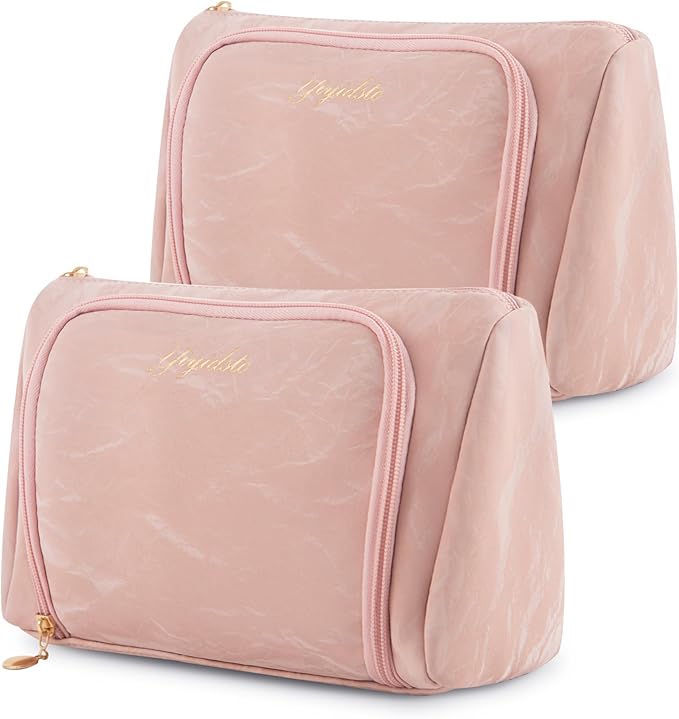 YIYIDSTO Cosmetic Bag Travel Makeup Bag Large Capacity Small Travel Zipper Pouch Makeup Organizer Bag for Women (Pink-2 Pack)