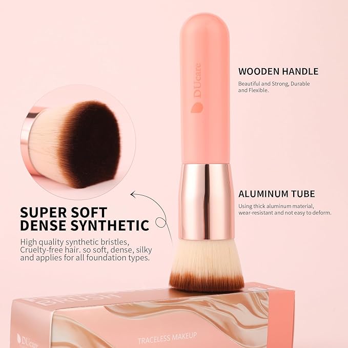 DUcare Foundation Brush for Liquid Makeup,Flat Top Kabuki Foundation Brushes - Premium Makeup Brush for Liquid, Cream, Powder,Buffing, Blending,Pink