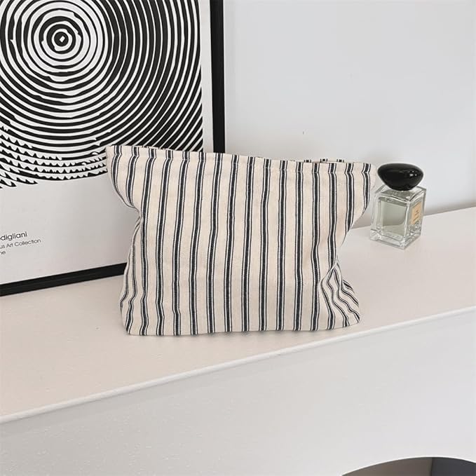Flat Makeup Bag for Women,Zipper Cosmetic Pouch,Vintage Stripe Navy Blue