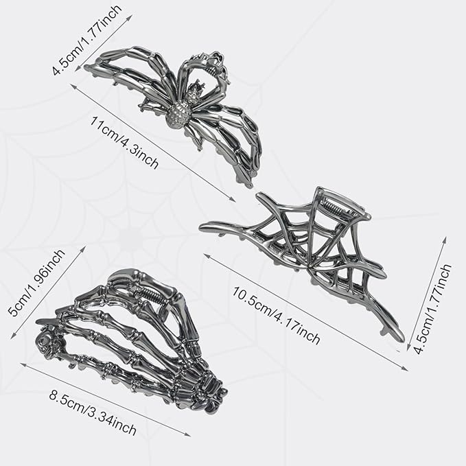 Parcce 3 Pieces Large Metal Spider Net Hand Hair Claw Clips for Women and Girls Thick Long Hair, Nonslip Skeleton Spooky Barrette Headband Hair Styling Accessories for Halloween