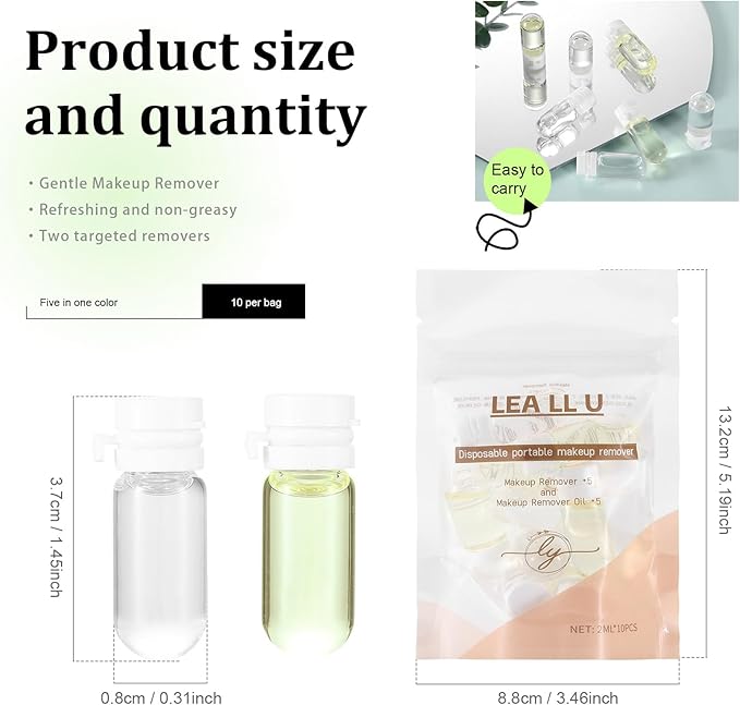 Lea ll U 2 in 1 Disposable Makeup Remover Set, Portable Mini Liquid Remover Oil serum 10 Pieces, Includes 20 Remover Cottons, Natural Deep Cleanser for Face, Portable Skincare Facial Oil