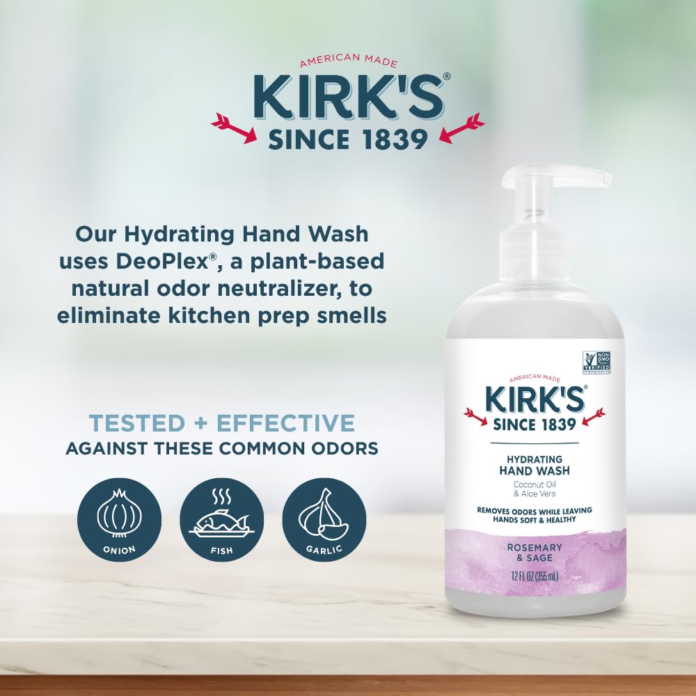 Kirk's Hydrating Hand Wash - Made with Coconut Oil and Aloe Vera, With Odor Neutralizing Technology To Help Eliminate Odors, Non-GMO, Vegan, Rosemary & Sage, 12 Fl Oz. 4 pack