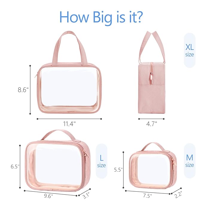 PACKISM Clear Makeup Bag Travel - TSA Approved Toiletry Bag, 3 Pack Pink