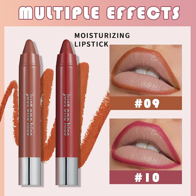 mekuel 2Pcs Coral & Rich Red Hydrating Cream Lipsticks Lip Crayon for Women, Moisturing Lipstick Longwear Lip Liner Crayon Set for Ombre Shades, Matte Creamy Lips Stick Natural Tinted Lips Balm Set, E
